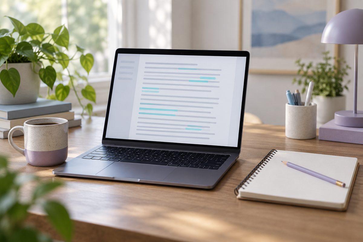 Conceptual study desk with an abstract AI assessment document on a laptop